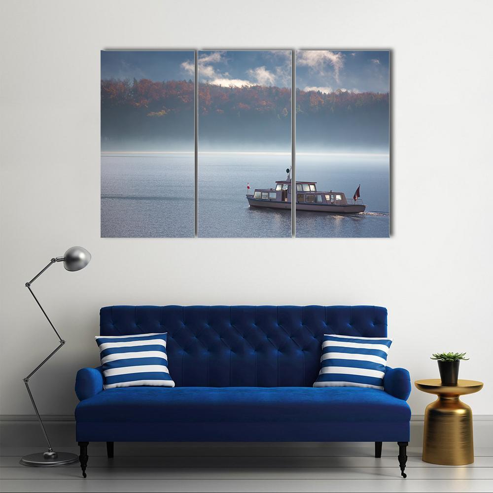Boat In Lake With Fog Canvas Wall Art-3 Horizontal-Gallery Wrap-37" x 24"-Tiaracle