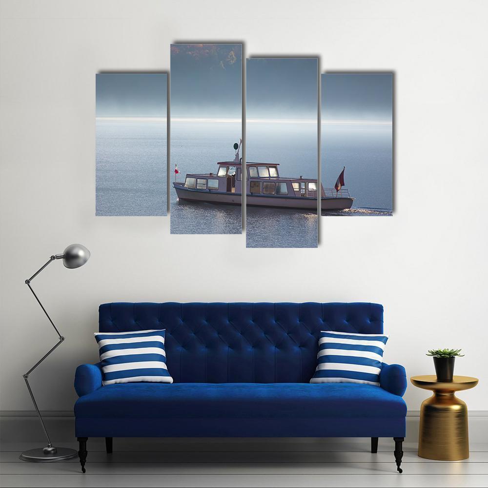 Boat In Lake With Fog Canvas Wall Art-4 Pop-Gallery Wrap-50" x 32"-Tiaracle