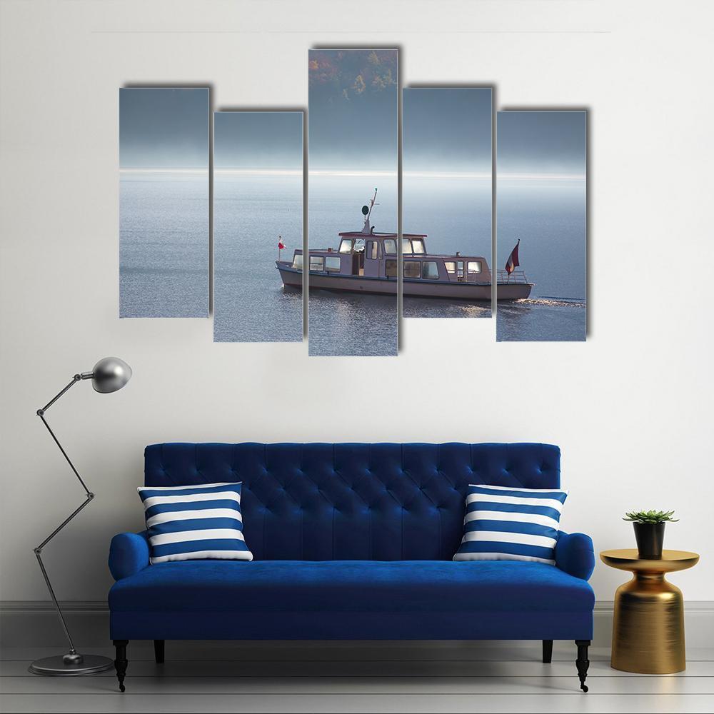 Boat In Lake With Fog Canvas Wall Art-5 Pop-Gallery Wrap-47" x 32"-Tiaracle
