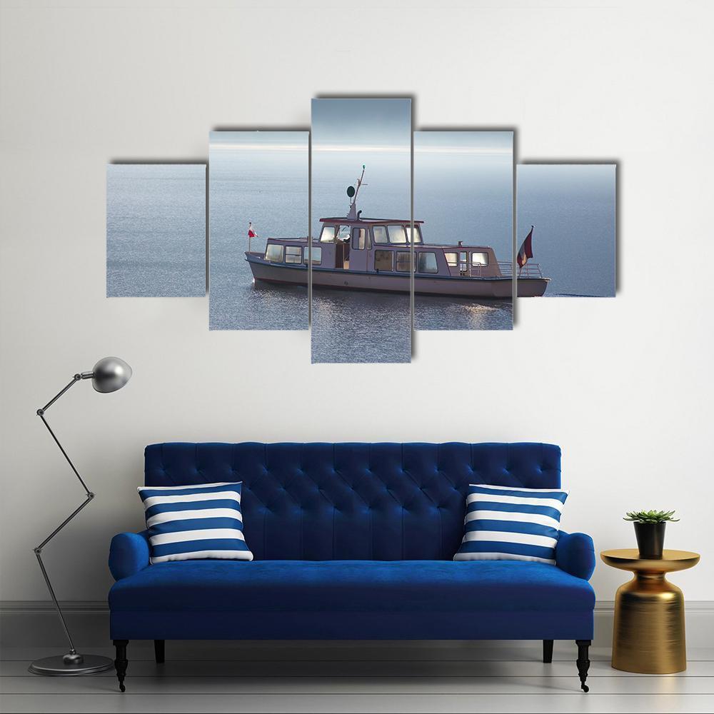 Boat In Lake With Fog Canvas Wall Art-5 Star-Gallery Wrap-62" x 32"-Tiaracle