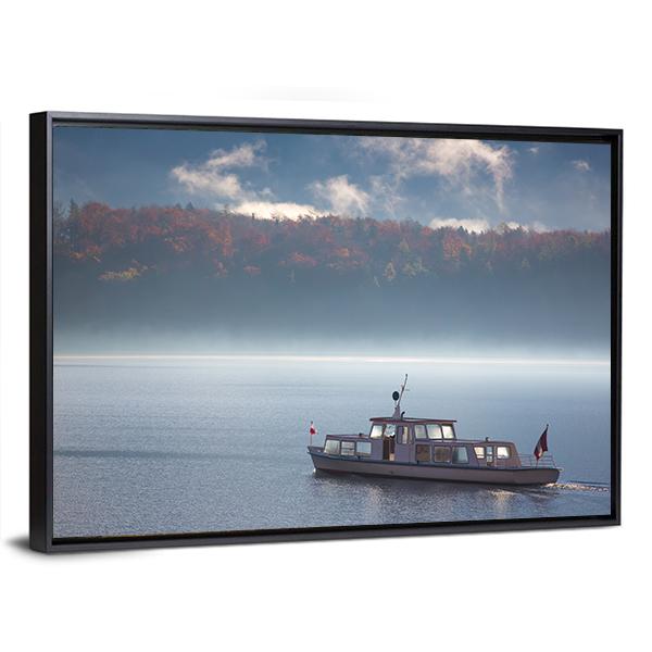 Boat In Lake With Fog Canvas Wall Art-3 Horizontal-Gallery Wrap-25" x 16"-Tiaracle