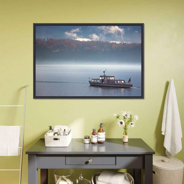 Boat In Lake With Fog Canvas Wall Art-3 Horizontal-Gallery Wrap-25" x 16"-Tiaracle