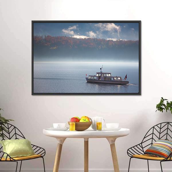 Boat In Lake With Fog Canvas Wall Art-3 Horizontal-Gallery Wrap-25" x 16"-Tiaracle
