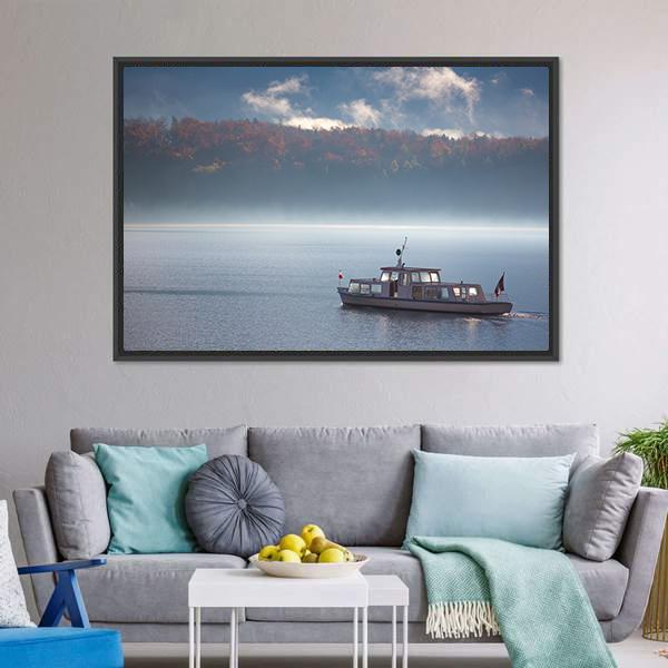 Boat In Lake With Fog Canvas Wall Art-1 Piece-Floating Frame-24" x 16"-Tiaracle