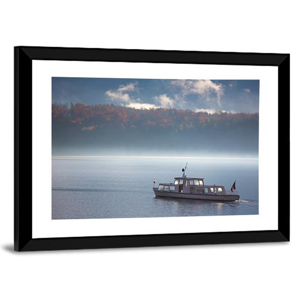 Boat In Lake With Fog Canvas Wall Art-3 Horizontal-Gallery Wrap-25" x 16"-Tiaracle
