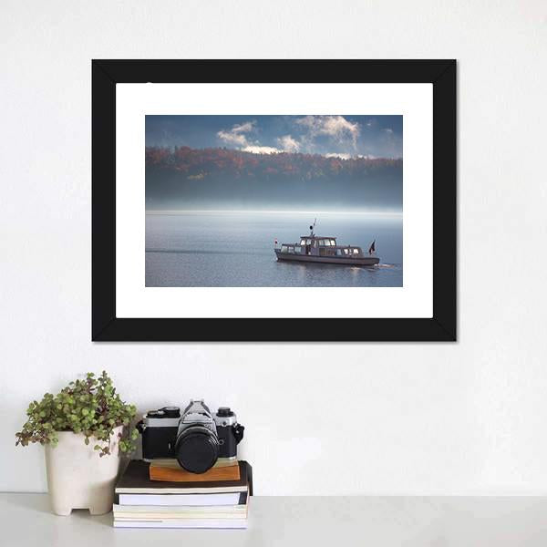 Boat In Lake With Fog Canvas Wall Art-1 Piece-Framed Print-20" x 16"-Tiaracle