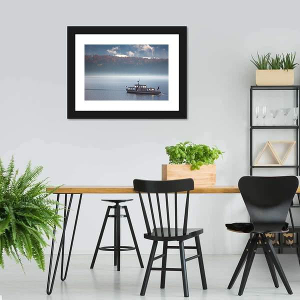 Boat In Lake With Fog Canvas Wall Art-3 Horizontal-Gallery Wrap-25" x 16"-Tiaracle