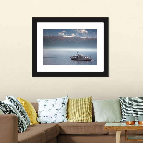 Boat In Lake With Fog Canvas Wall Art-3 Horizontal-Gallery Wrap-25" x 16"-Tiaracle