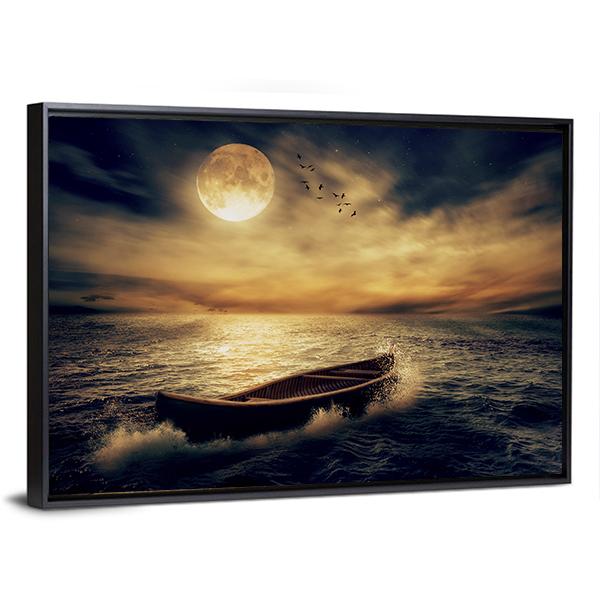 Boat In Middle Of Ocean Canvas Wall Art-5 Horizontal-Gallery Wrap-22" x 12"-Tiaracle