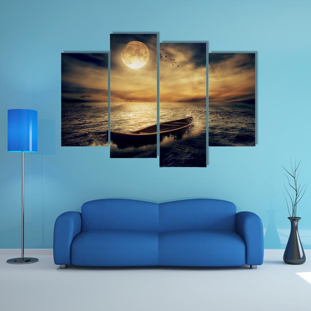 Boat In Middle Of Ocean Canvas Wall Art-4 Pop-Gallery Wrap-50" x 32"-Tiaracle