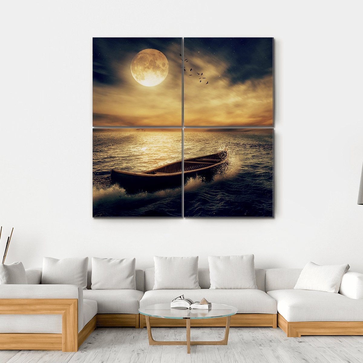 Boat In Middle Of Ocean Canvas Wall Art-4 Square-Gallery Wrap-17" x 17"-Tiaracle