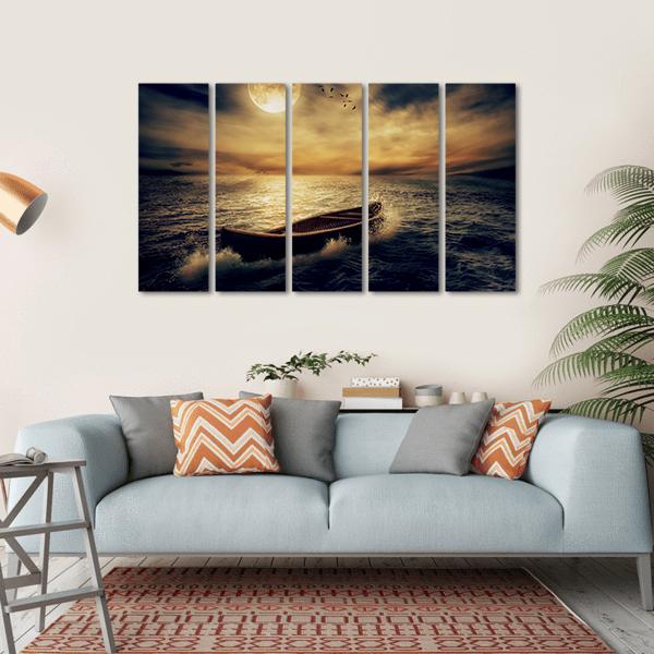 Boat In Middle Of Ocean Canvas Wall Art-5 Horizontal-Gallery Wrap-22" x 12"-Tiaracle