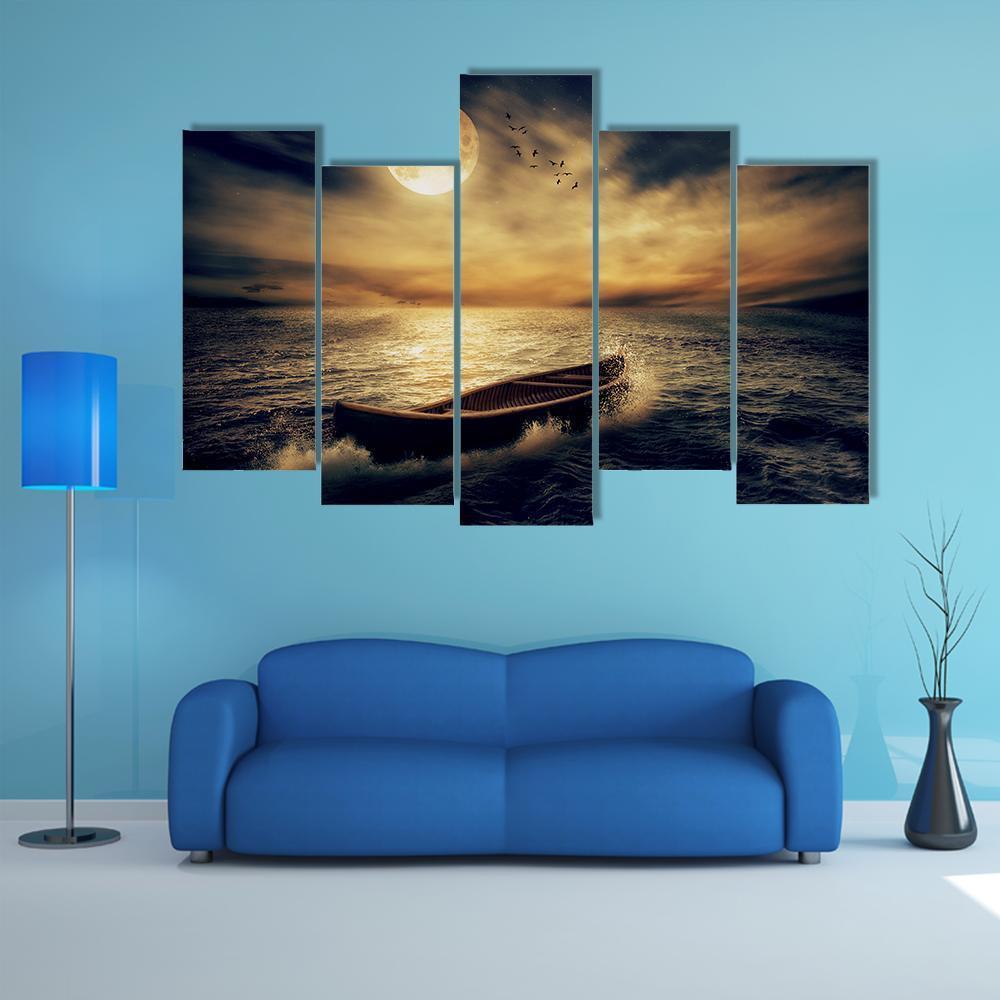 Boat In Middle Of Ocean Canvas Wall Art-4 Pop-Gallery Wrap-50" x 32"-Tiaracle