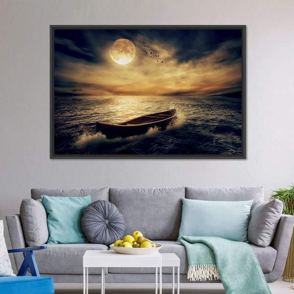 Rowboat Under a Full Moon Canvas Wall Art in black, yellow and blue, framed canvas, product view on a white background