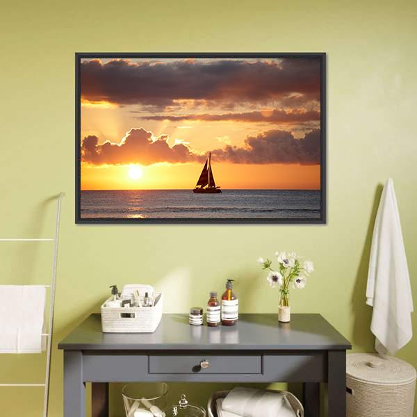 Boat In Ocean At Sunset Canvas Wall Art-5 Horizontal-Gallery Wrap-22" x 12"-Tiaracle