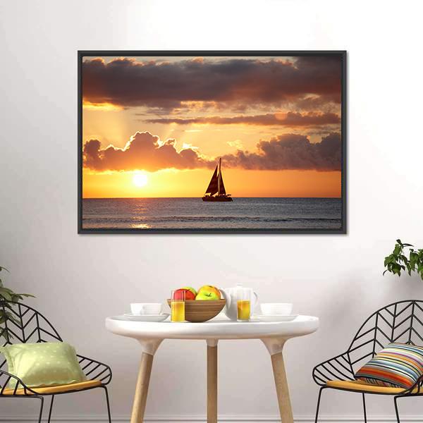 Boat In Ocean At Sunset Canvas Wall Art-5 Horizontal-Gallery Wrap-22" x 12"-Tiaracle