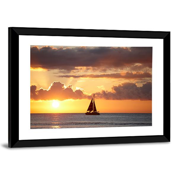 Boat In Ocean At Sunset Canvas Wall Art-5 Horizontal-Gallery Wrap-22" x 12"-Tiaracle