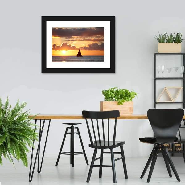 Boat In Ocean At Sunset Canvas Wall Art-5 Horizontal-Gallery Wrap-22" x 12"-Tiaracle