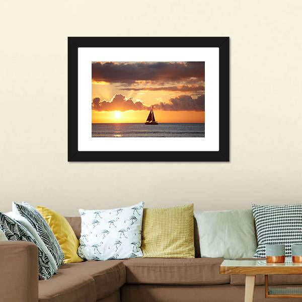 Boat In Ocean At Sunset Canvas Wall Art-5 Horizontal-Gallery Wrap-22" x 12"-Tiaracle