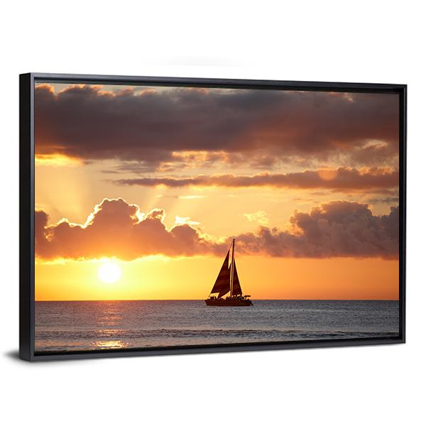 Boat In Ocean At Sunset Canvas Wall Art-5 Horizontal-Gallery Wrap-22" x 12"-Tiaracle
