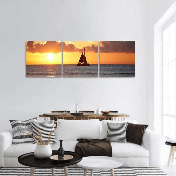 Boat In Ocean At Sunset Panoramic Canvas Wall Art-3 Piece-25" x 08"-Tiaracle