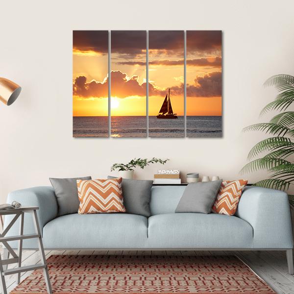 Boat In Ocean At Sunset Canvas Wall Art-4 Horizontal-Gallery Wrap-34" x 24"-Tiaracle
