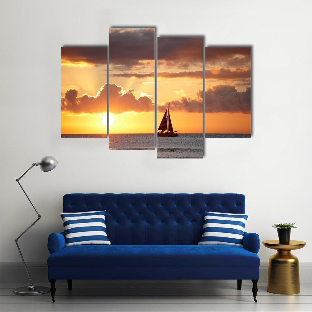 Boat In Ocean At Sunset Canvas Wall Art-4 Pop-Gallery Wrap-50" x 32"-Tiaracle