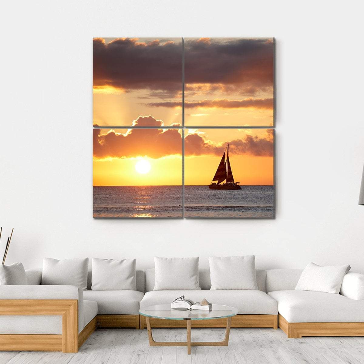 Boat In Ocean At Sunset Canvas Wall Art-4 Square-Gallery Wrap-17" x 17"-Tiaracle