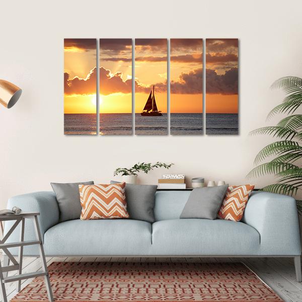 Boat In Ocean At Sunset Canvas Wall Art-5 Horizontal-Gallery Wrap-22" x 12"-Tiaracle