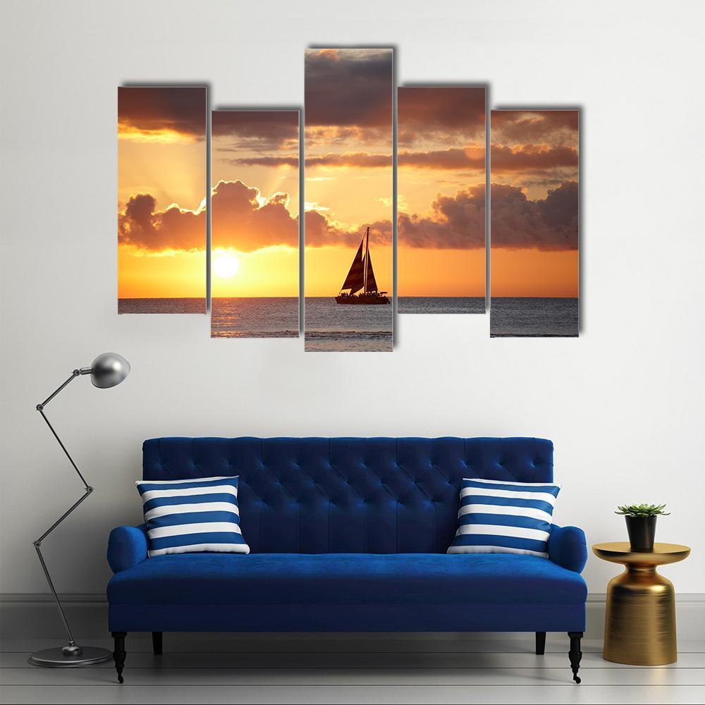 Boat In Ocean At Sunset Canvas Wall Art-5 Pop-Gallery Wrap-47" x 32"-Tiaracle