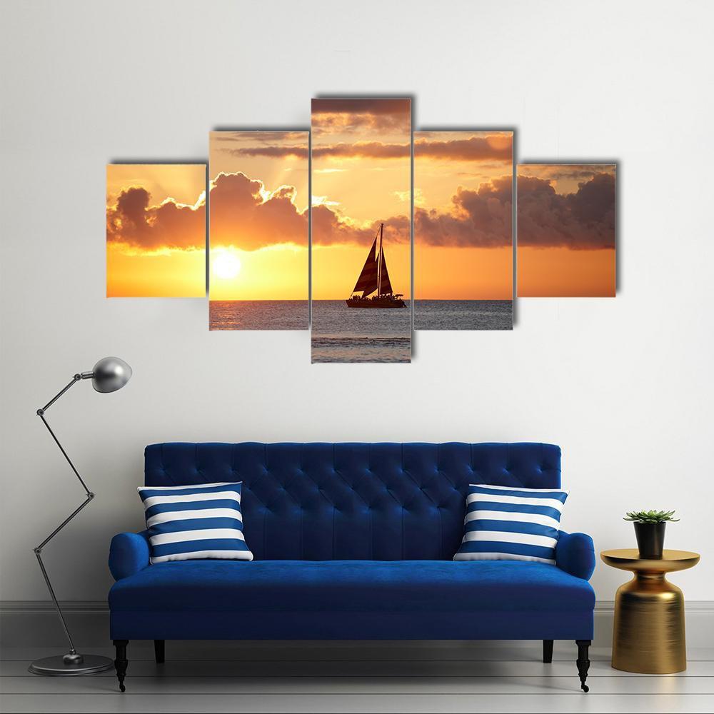 Boat In Ocean At Sunset Canvas Wall Art-5 Pop-Gallery Wrap-47" x 32"-Tiaracle
