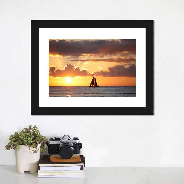 Boat In Ocean At Sunset Panoramic Canvas Wall Art-1 Piece-36" x 12"-Tiaracle