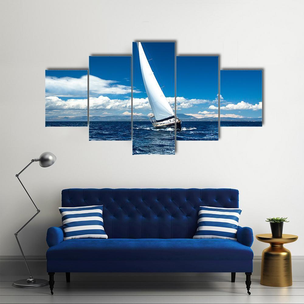 Boat In Sailing Regatta Canvas Wall Art-3 Horizontal-Gallery Wrap-37" x 24"-Tiaracle
