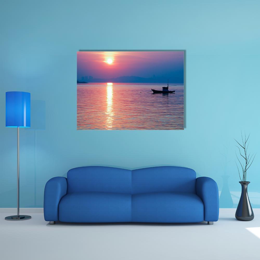 Boat In Sea At Sunset Canvas Wall Art-1 Piece-Gallery Wrap-48" x 32"-Tiaracle