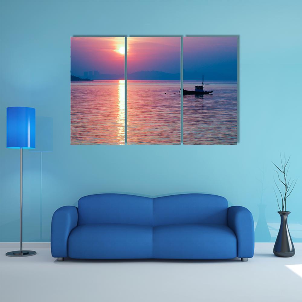 Boat In Sea At Sunset Canvas Wall Art-3 Horizontal-Gallery Wrap-37" x 24"-Tiaracle