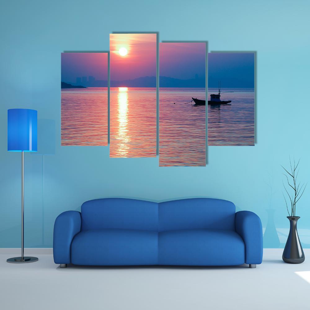 Boat In Sea At Sunset Canvas Wall Art-4 Pop-Gallery Wrap-50" x 32"-Tiaracle