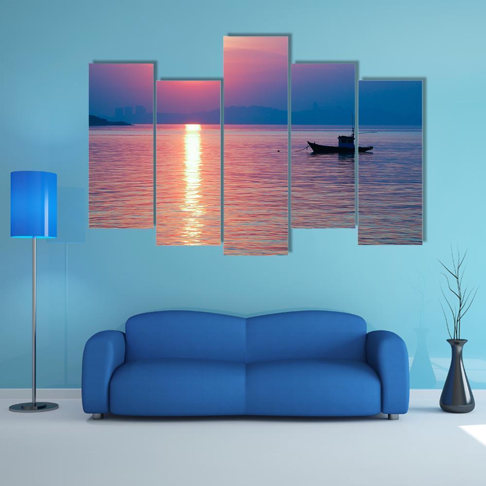 Boat In Sea At Sunset Canvas Wall Art-5 Pop-Gallery Wrap-47" x 32"-Tiaracle