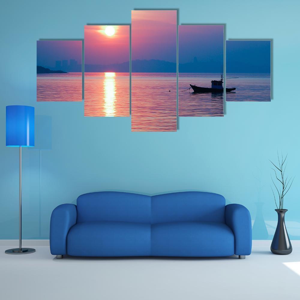 Boat In Sea At Sunset Canvas Wall Art-5 Star-Gallery Wrap-62" x 32"-Tiaracle