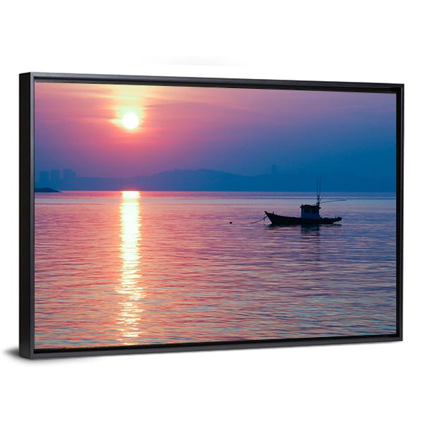 Boat In Sea At Sunset Canvas Wall Art-3 Horizontal-Gallery Wrap-25" x 16"-Tiaracle