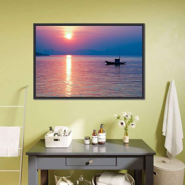 Boat In Sea At Sunset Canvas Wall Art-3 Horizontal-Gallery Wrap-25" x 16"-Tiaracle