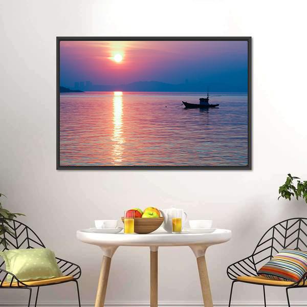 Boat In Sea At Sunset Canvas Wall Art-3 Horizontal-Gallery Wrap-25" x 16"-Tiaracle