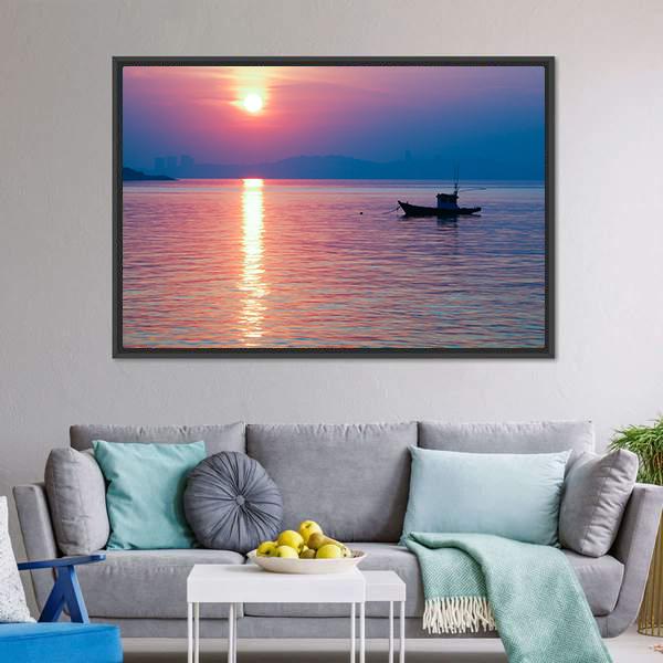 Boat In Sea At Sunset Canvas Wall Art-1 Piece-Floating Frame-24" x 16"-Tiaracle