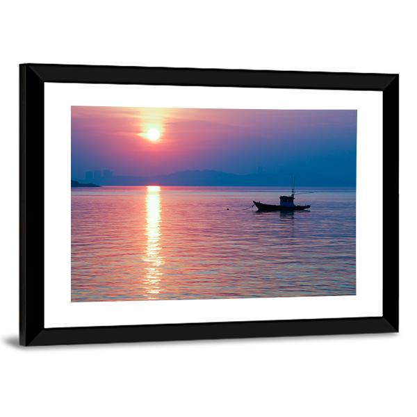 Boat In Sea At Sunset Canvas Wall Art-3 Horizontal-Gallery Wrap-25" x 16"-Tiaracle