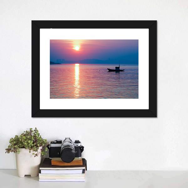 Boat In Sea At Sunset Canvas Wall Art-1 Piece-Framed Print-20" x 16"-Tiaracle