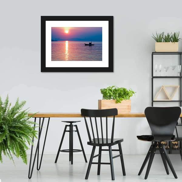 Boat In Sea At Sunset Canvas Wall Art-3 Horizontal-Gallery Wrap-25" x 16"-Tiaracle