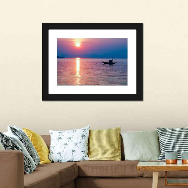 Boat In Sea At Sunset Canvas Wall Art-3 Horizontal-Gallery Wrap-25" x 16"-Tiaracle