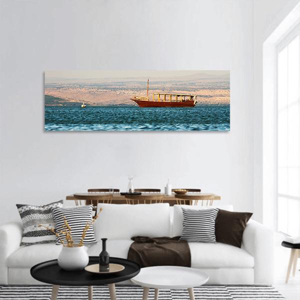 Boat In Galilee Sea Panoramic Canvas Wall Art-1 Piece-36" x 12"-Tiaracle