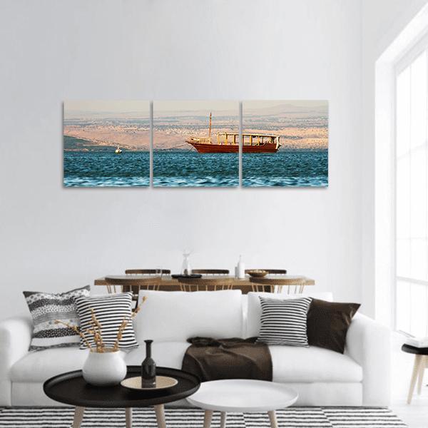 Boat In Galilee Sea Panoramic Canvas Wall Art-3 Piece-25" x 08"-Tiaracle