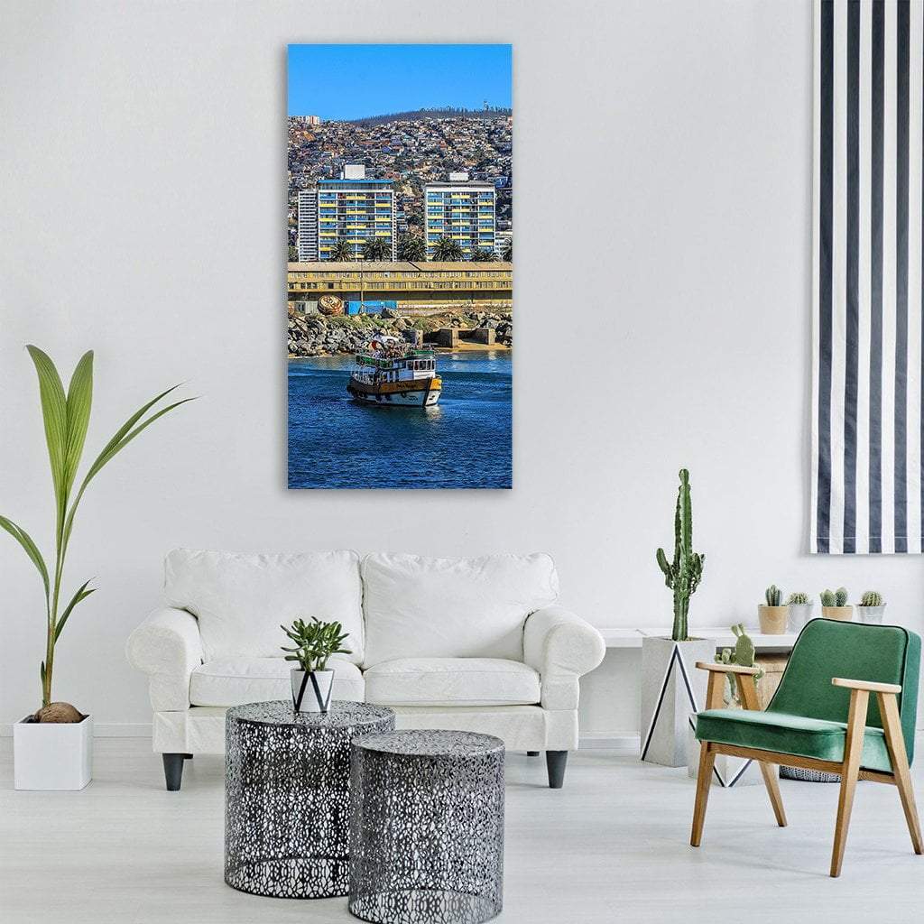 Boat In Sea With Sky Hills Vertical Canvas Wall Art-1 Vertical-Gallery Wrap-12" x 24"-Tiaracle