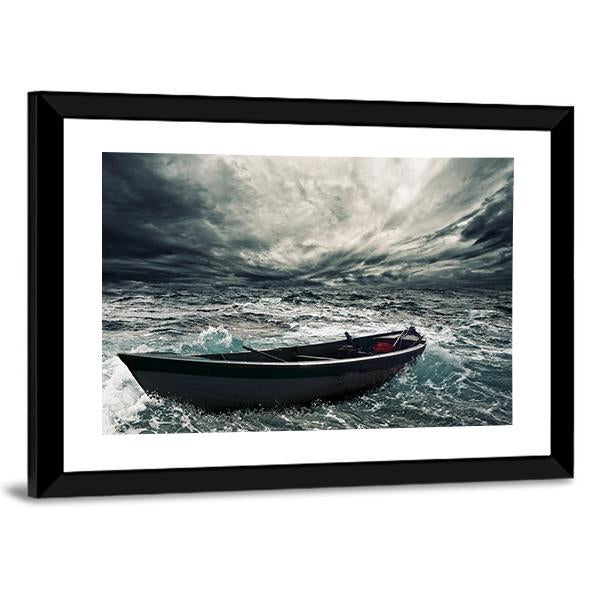 Boat In Stormy Sea Canvas Wall Art-5 Horizontal-Gallery Wrap-22" x 12"-Tiaracle
